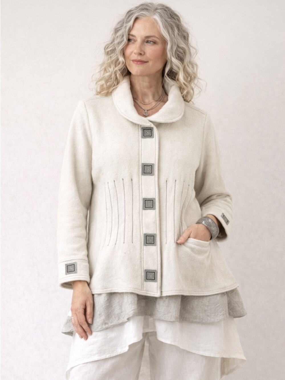 Icelandic Design Cream Wool Cowl-Collar Jacket, Neutrals, Lagenlook, M
